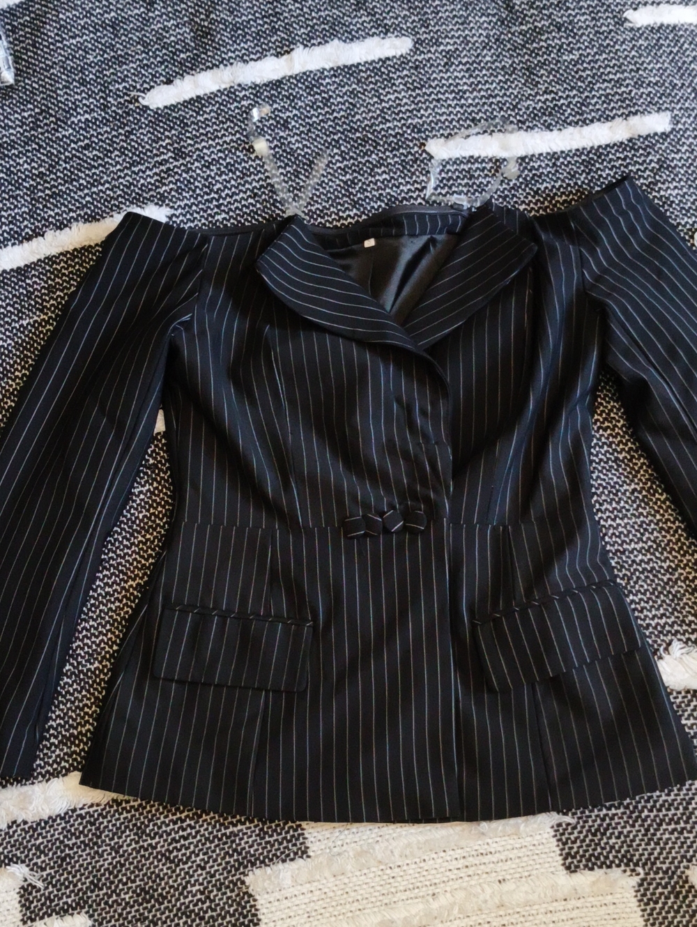 Off Shoulder Black Pinstripe Women's Blazer Jacket S HOT